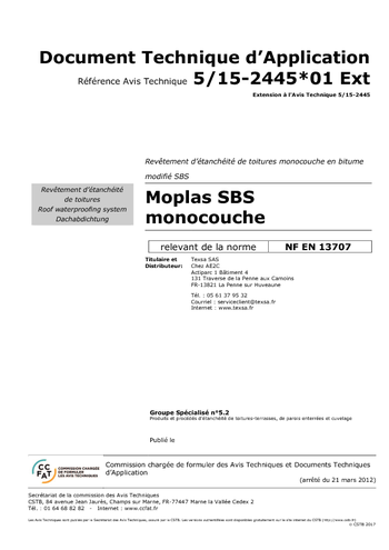 Avis Techniques Moplas SBS Monocouche Coverture