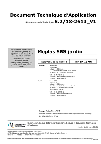 Avis Techniques MOPLAS SBS JARDIN